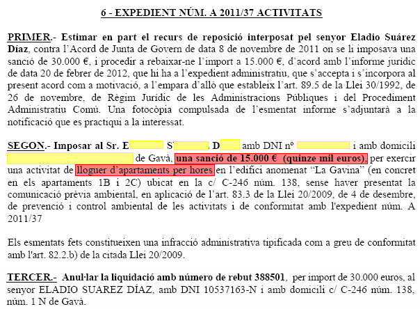 Extracte de l'acta de la Junta de Govern local de l'Ajuntament de Gav� on es rebaixa la sanci� a un ve� de Gav� Mar per llogar dos apartaments per hores de 30.000 a 15.000 euros (28 de Febrer de 2012)